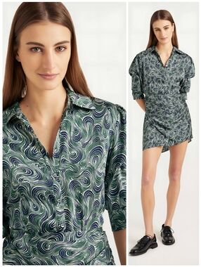 Cinq a Sept Green Blue Swirl Button Half Wrap Dress, 8